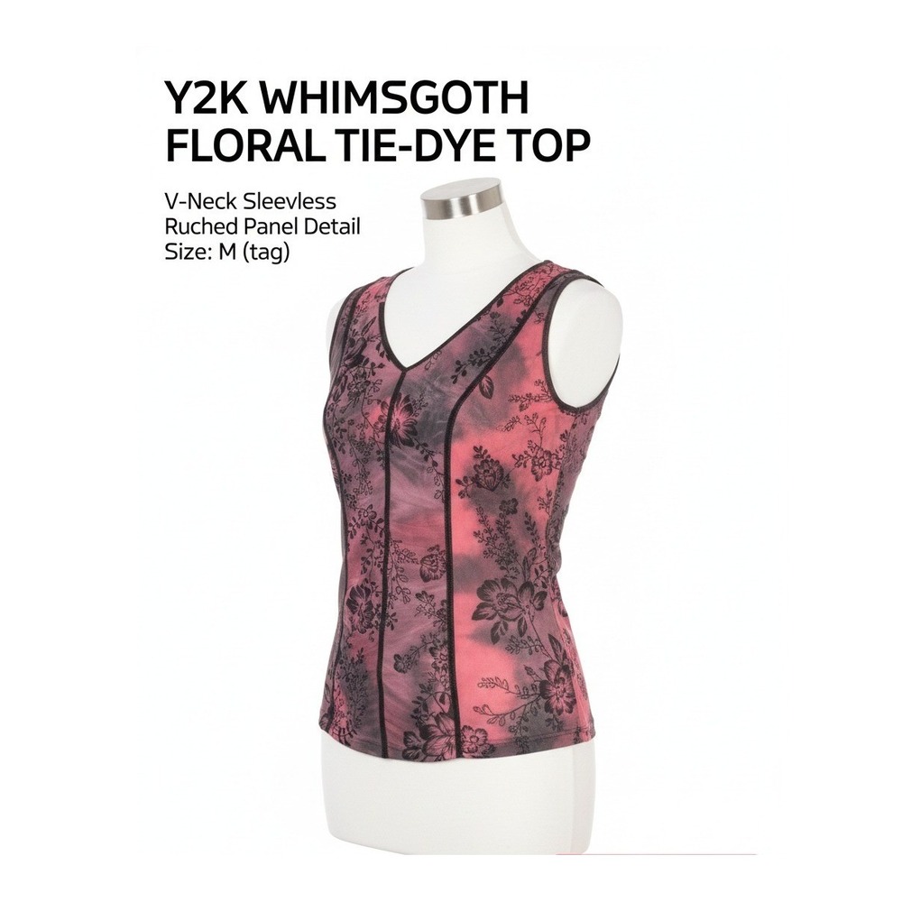 Sami‎ Jo Y2K Floral Tie Dye Ruched V Neck Sleeveless Top Women's M Whimsigoth